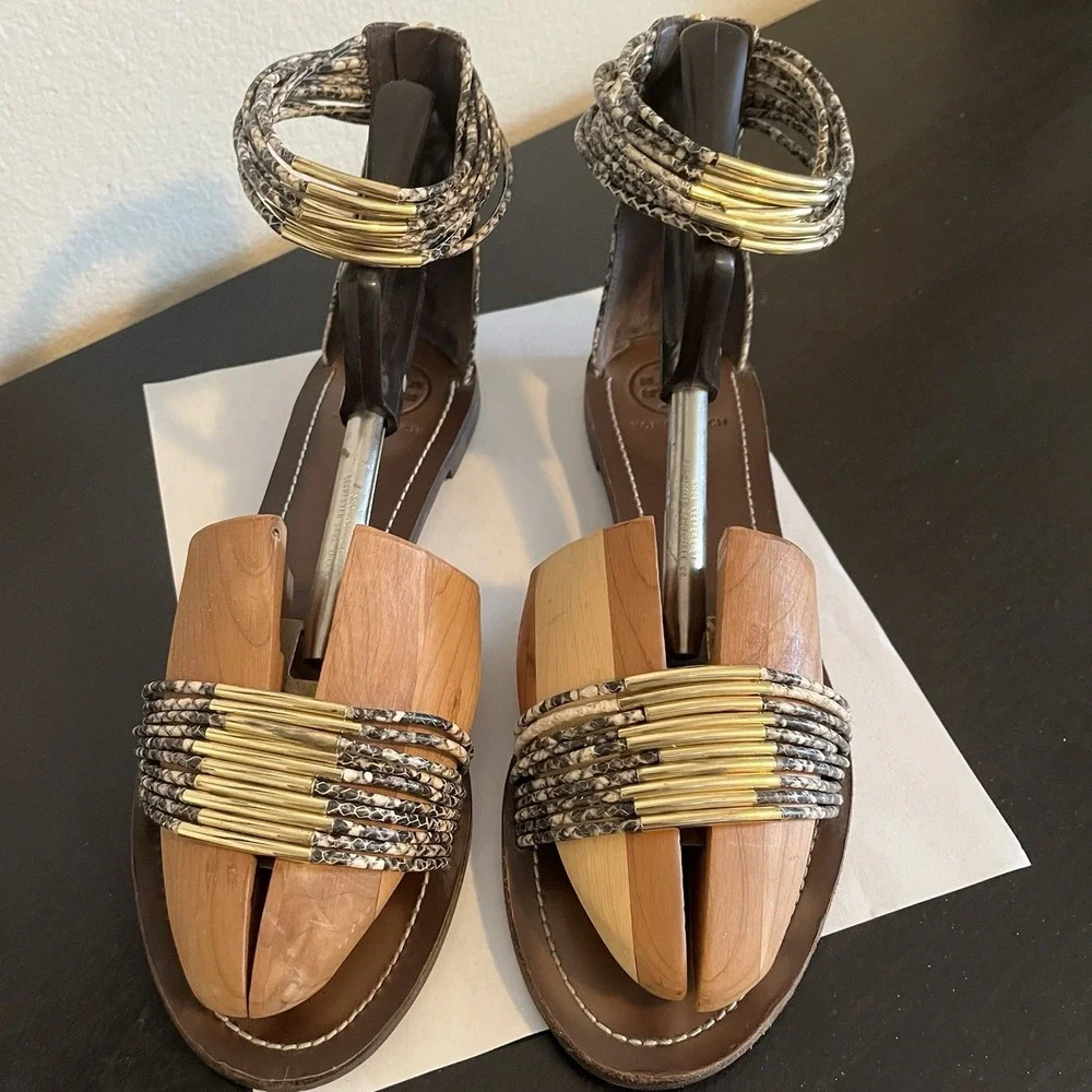 Tory Burch Mignon Rings Snake Print  Leather Sandals Ankle Strap Womens 11 Chic